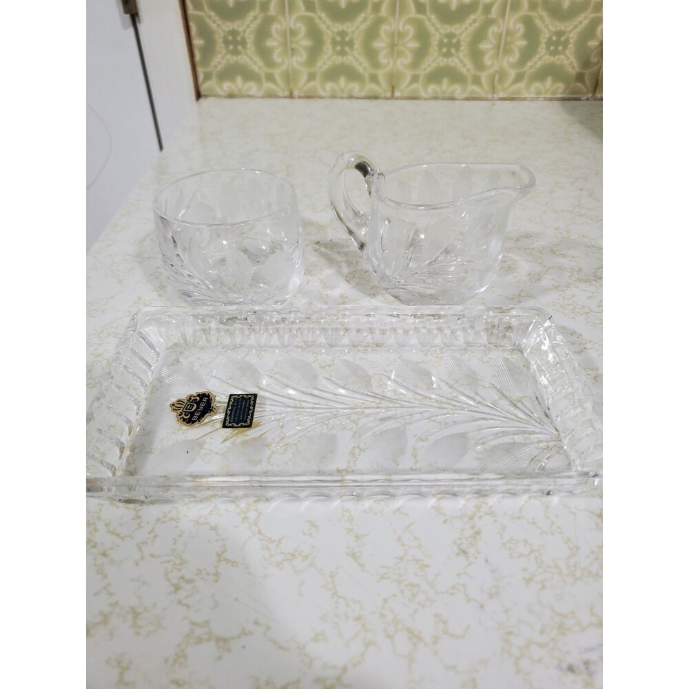 Vintage Beyer Lead Crystal Cream and Sugar Set with Serving Plate West Germany